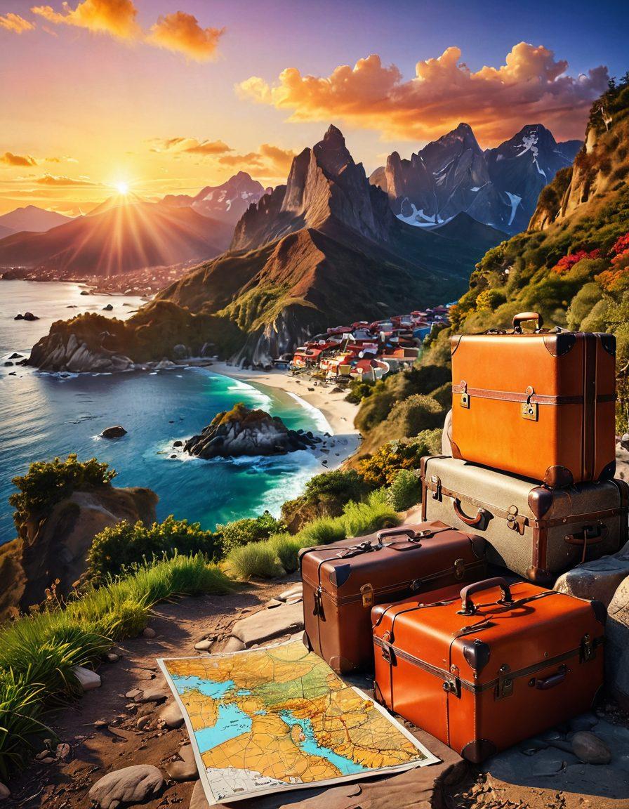 A winding path leading through a breathtaking landscape, showcasing diverse travel scenes like a sunset beach, towering mountains, and bustling city streets, symbolizing the journey of departure. Include a pair of vintage suitcases and an open map on the foreground, suggesting exploration. Capture elements of adventure and discovery through vibrant colors and dynamic lighting. super-realistic. vibrant colors.