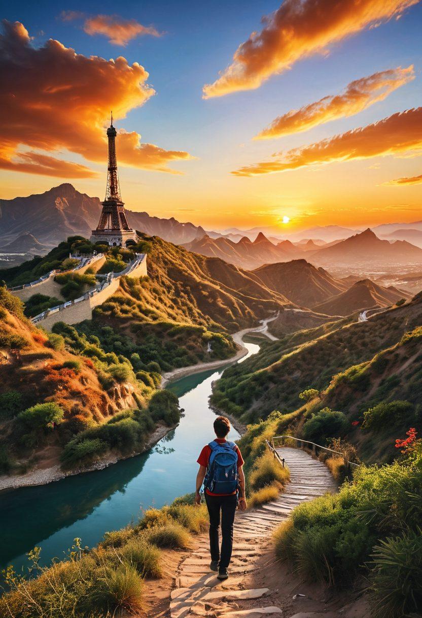 A beautifully detailed landscape featuring a winding path through diverse terrains, transitioning from lush green hills to arid deserts, symbolizing a travel journey. Along the path, there's an assortment of iconic travel landmarks like the Eiffel Tower, Great Wall of China, and a serene beach. A person with a backpack gazes at the sunset, representing reflection and wonder. The sky is filled with vivid, warm colors to evoke a sense of adventure. super-realistic. vibrant colors. scenic background.