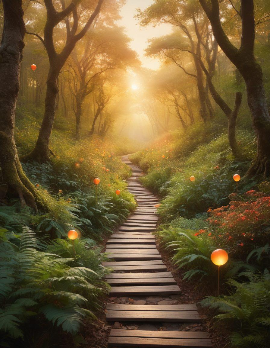 A surreal landscape featuring a winding path through an ethereal forest, where vivid memories are represented as glowing orbs floating in the air. At the end of the path, a serene horizon symbolizes new beginnings with a sunrise casting warm colors. Incorporate a whimsical mix of elements representing departure, like luggage and postcards, scattered along the way. dreamy, magical realism, vibrant colors.